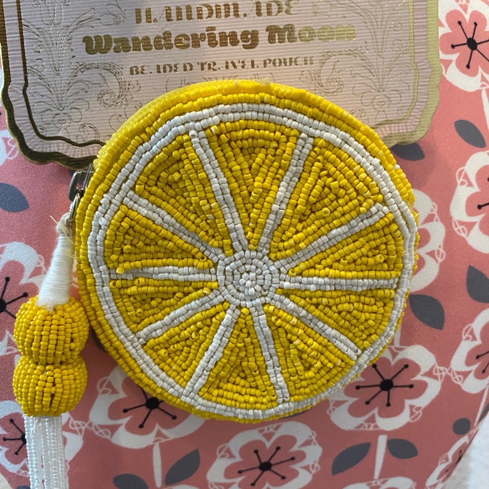 Lemon beaded zip pouch NWT